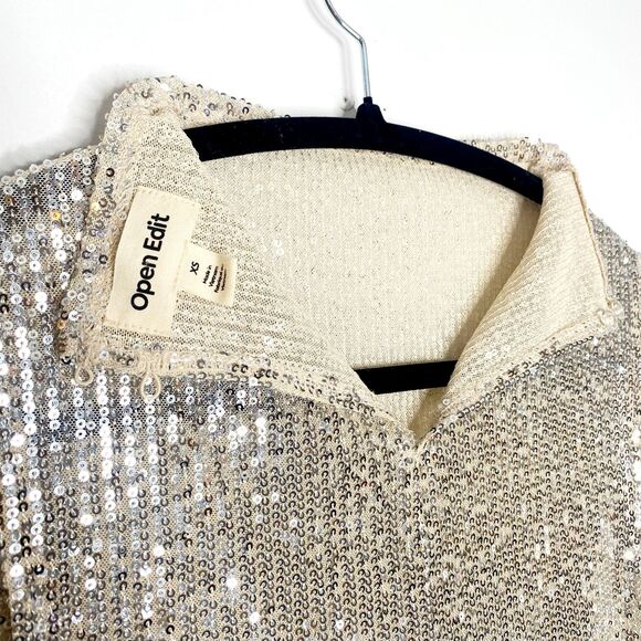 Open Edit Champagne Sequin Mesh Sleeveless Top - Picture 6 of 9